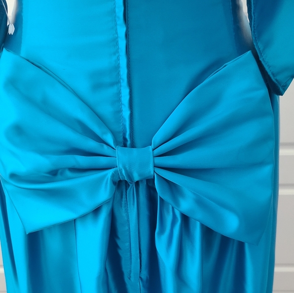 Teal Satin Vintage 80's Prom Dress - Picture 5 of 7